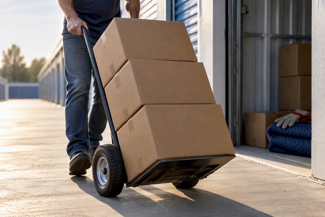 Hand truck moving boxed business inventory