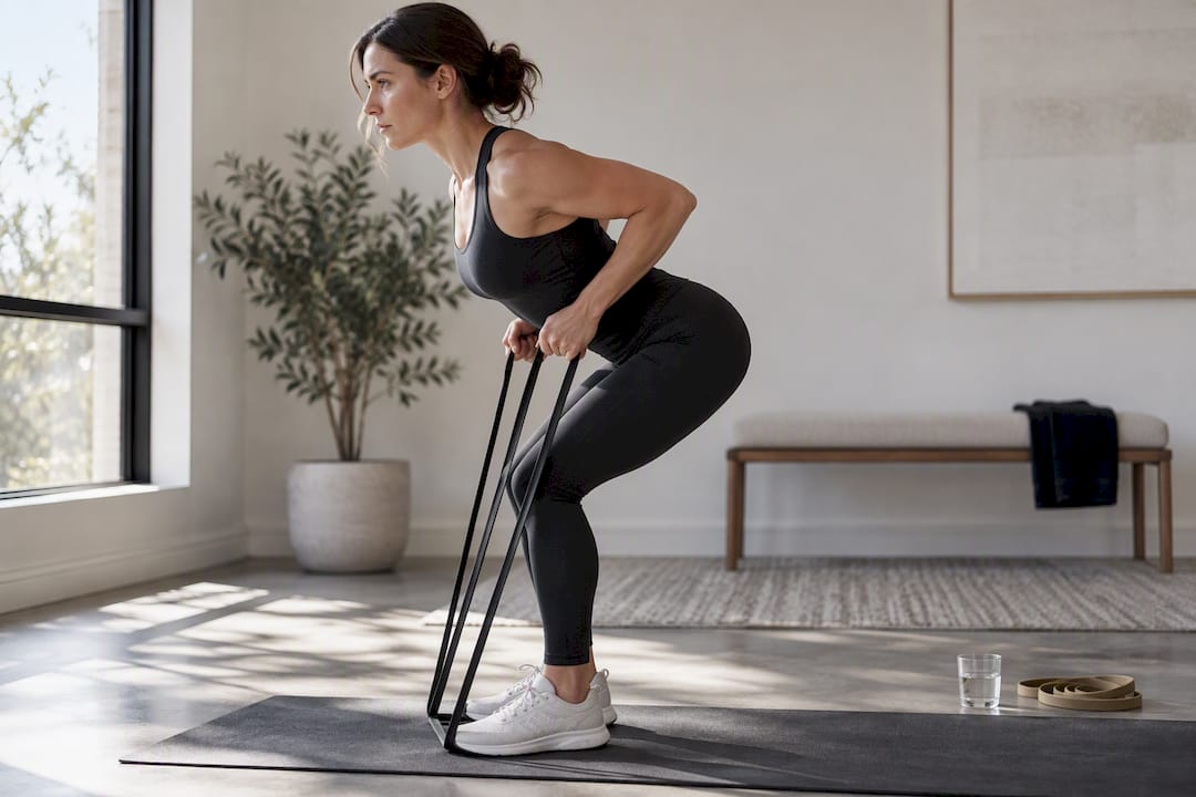 Person performing resistance band strength exercise