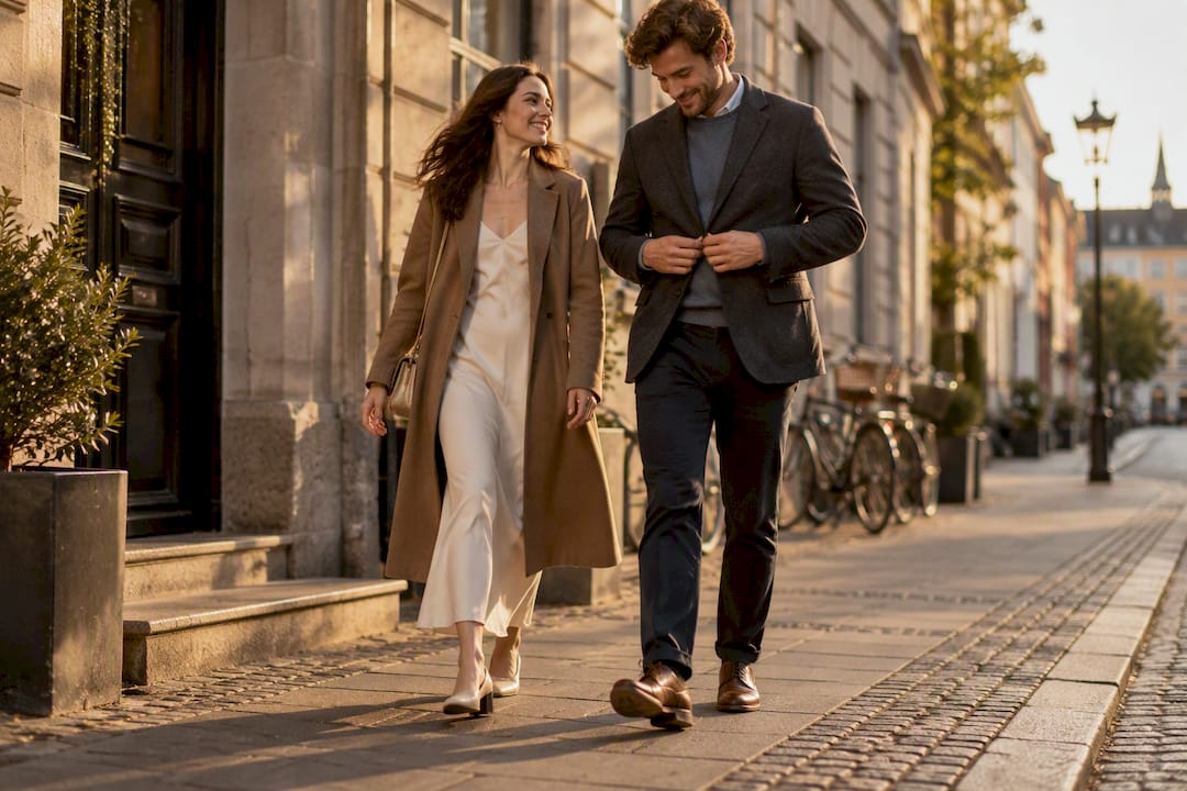 Couple walking comfortably in photo outfits