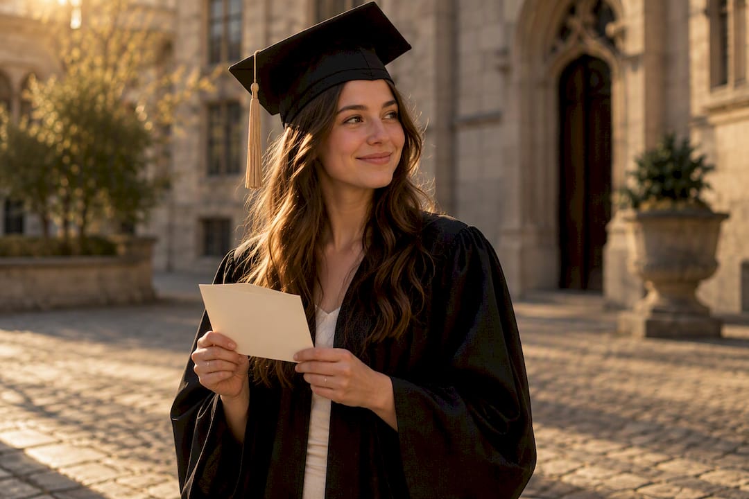 Graduate holding personal card at chest height