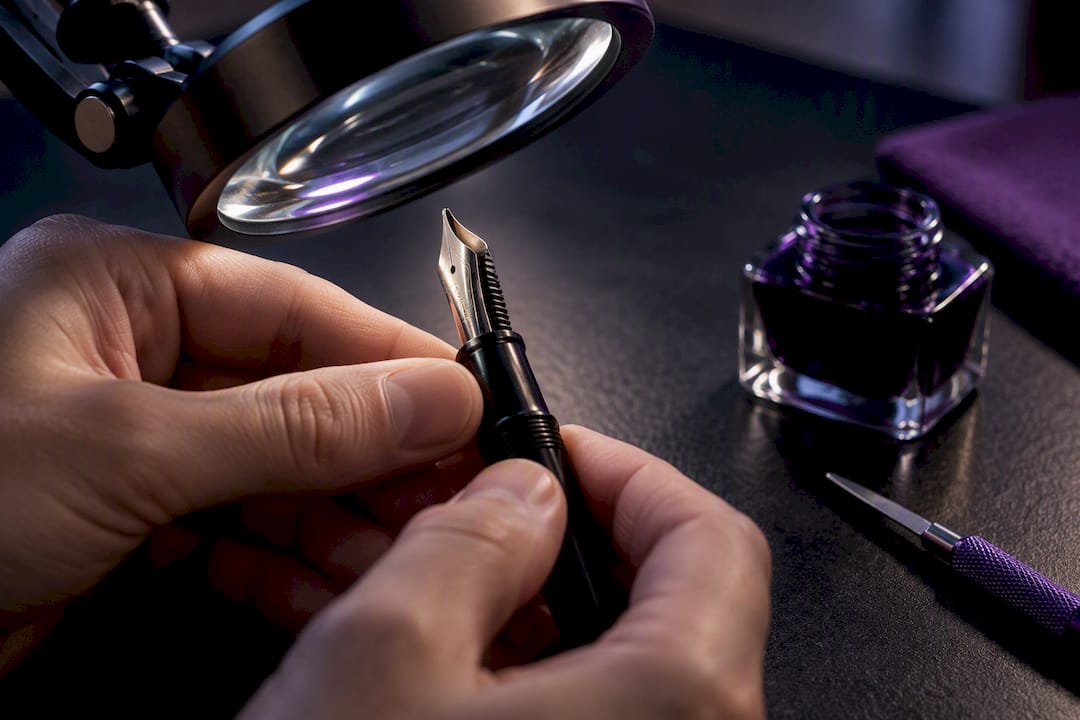 Technician inspecting a fountain pen nib closely