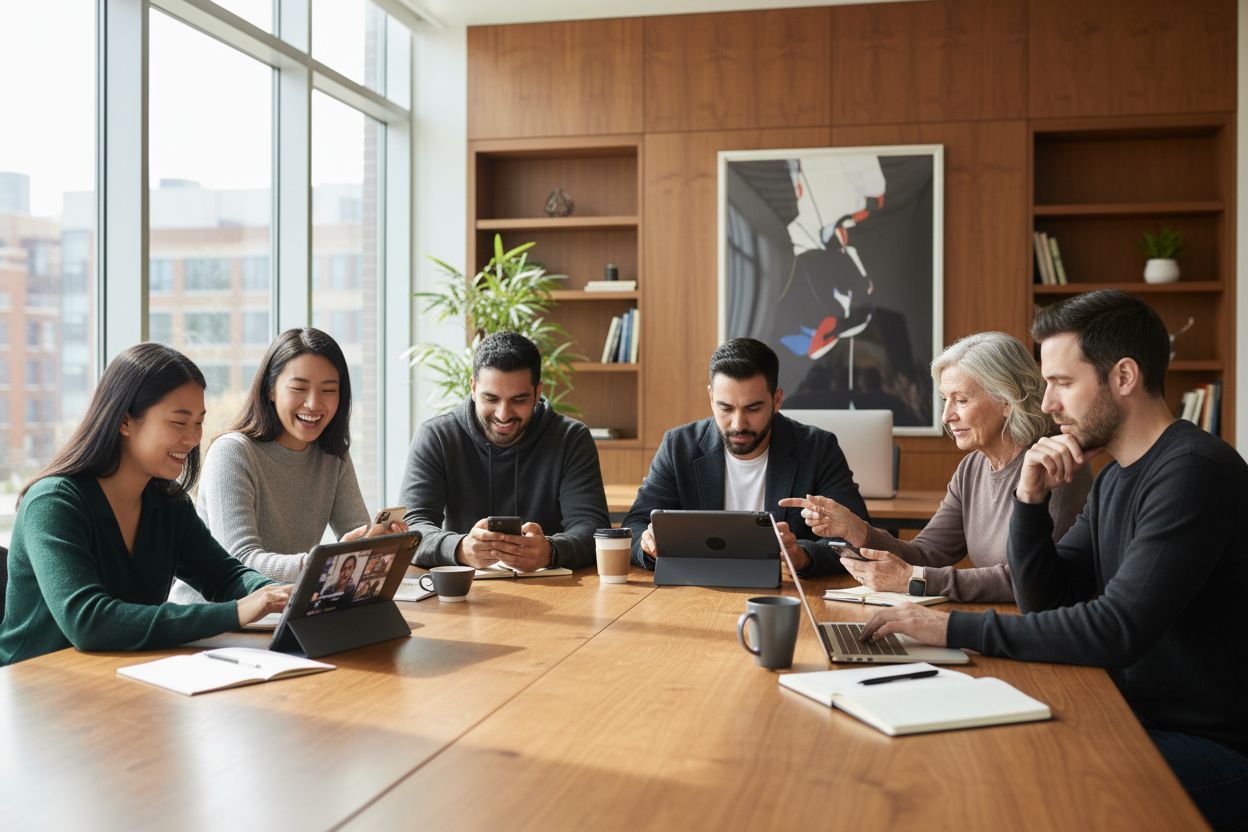 mobile apps diversity, people using apps, modern office