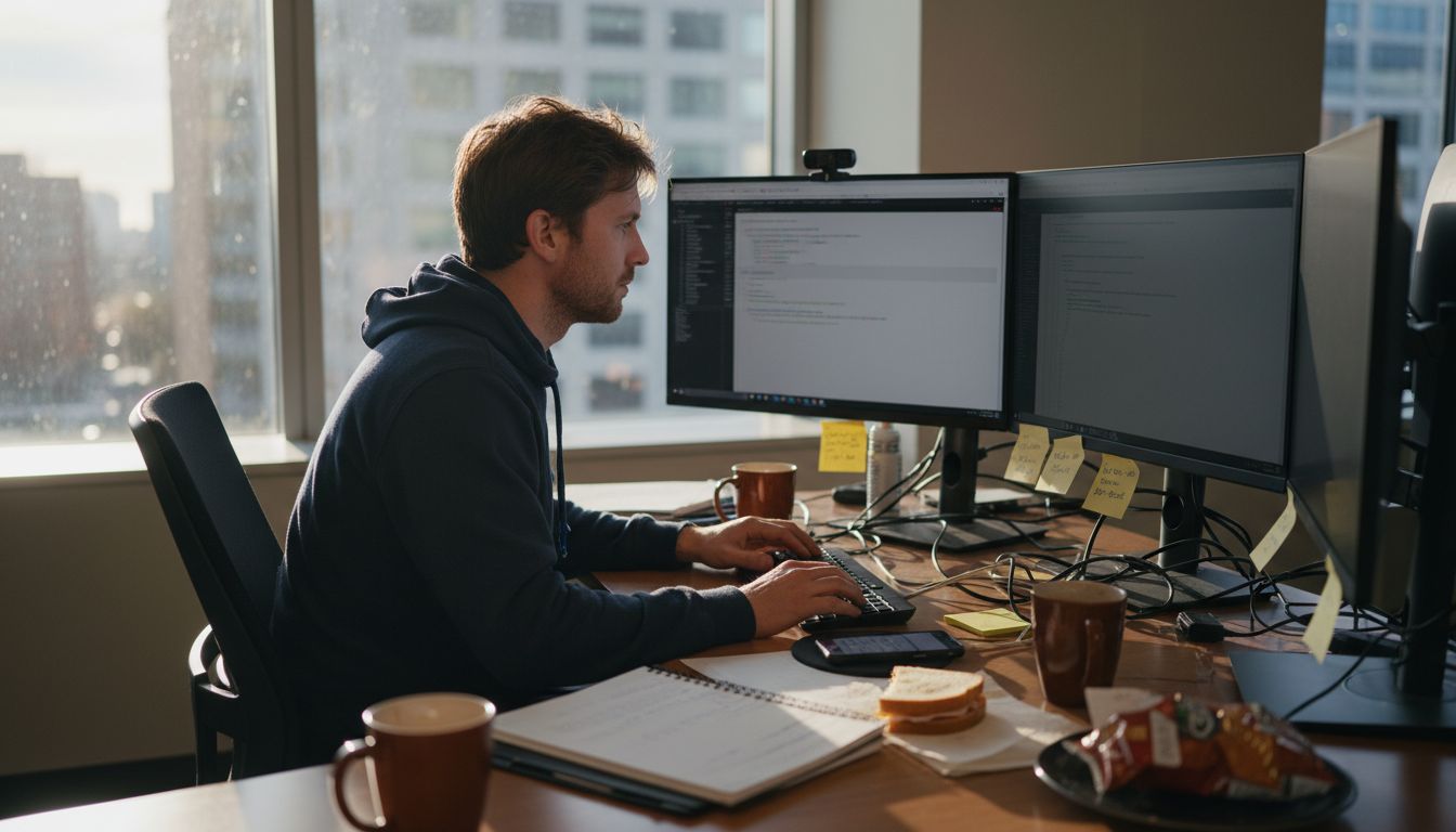 Web developer working in cluttered office