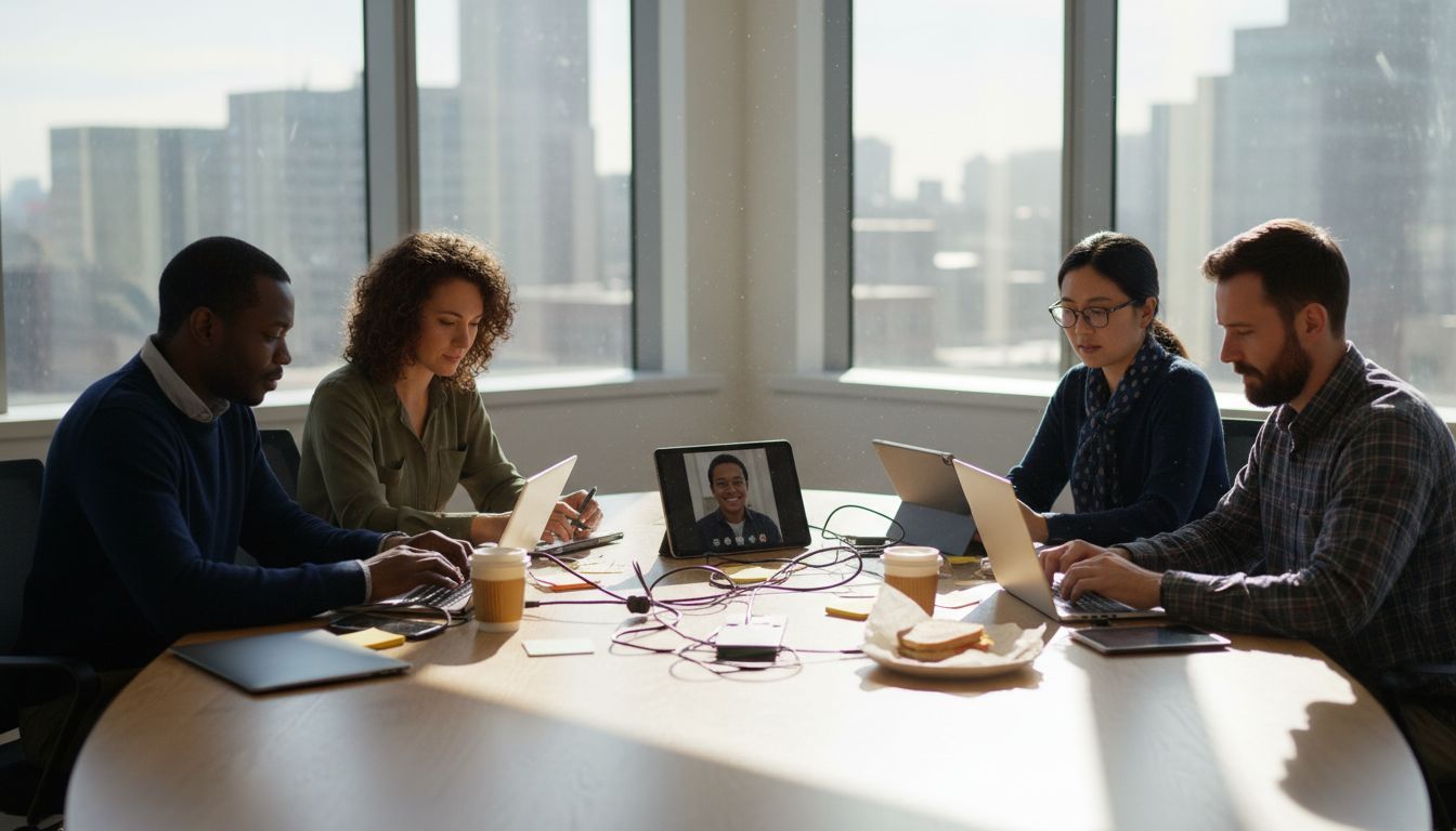 Business team collaborating in sunlight office