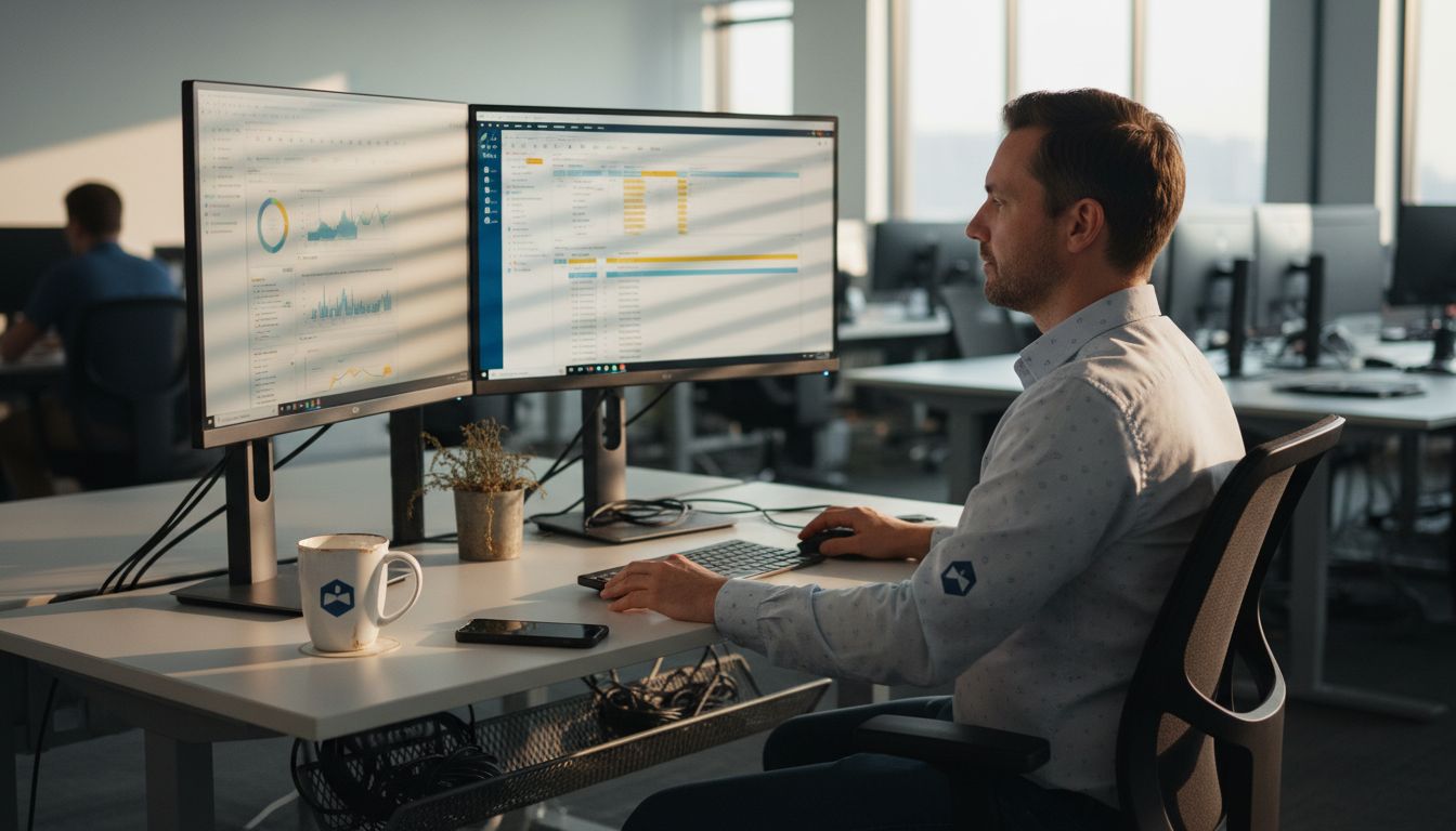 IT manager comparing software on dual monitors