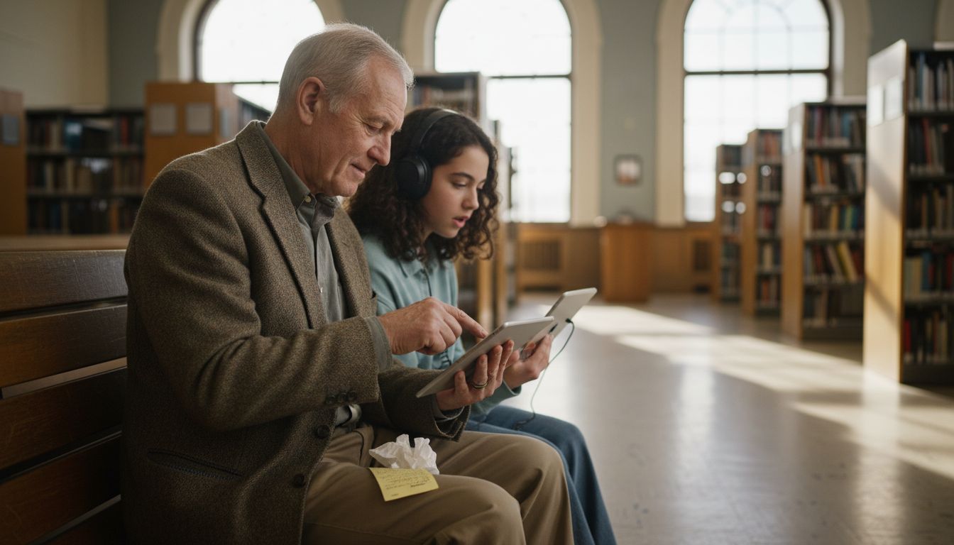 Older man and teen using accessible tablets