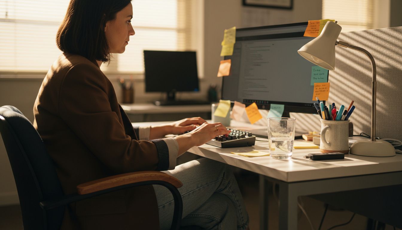 Business owner at office computer with hosting