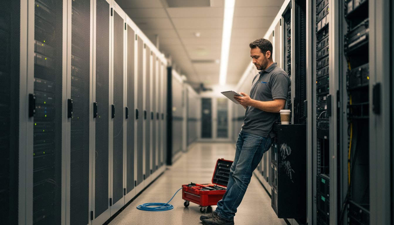 Technician checks servers in active data center