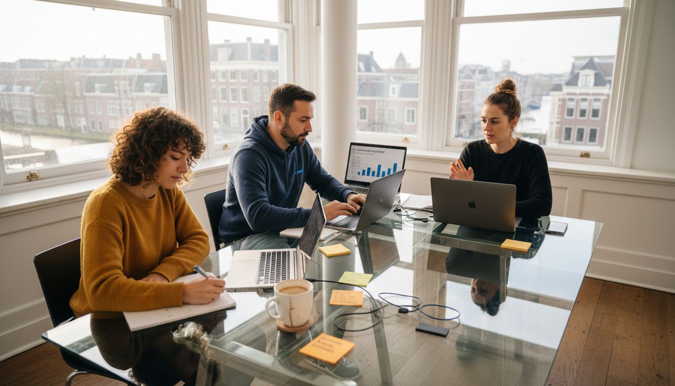 Het online marketingteam zit samen op kantoor om de nieuwste cijfers en statistieken te bespreken.