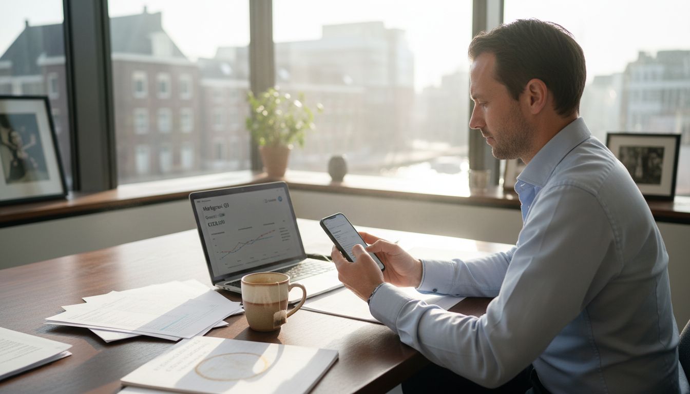 Man bekijkt zakelijke app op zijn rommelige bureau