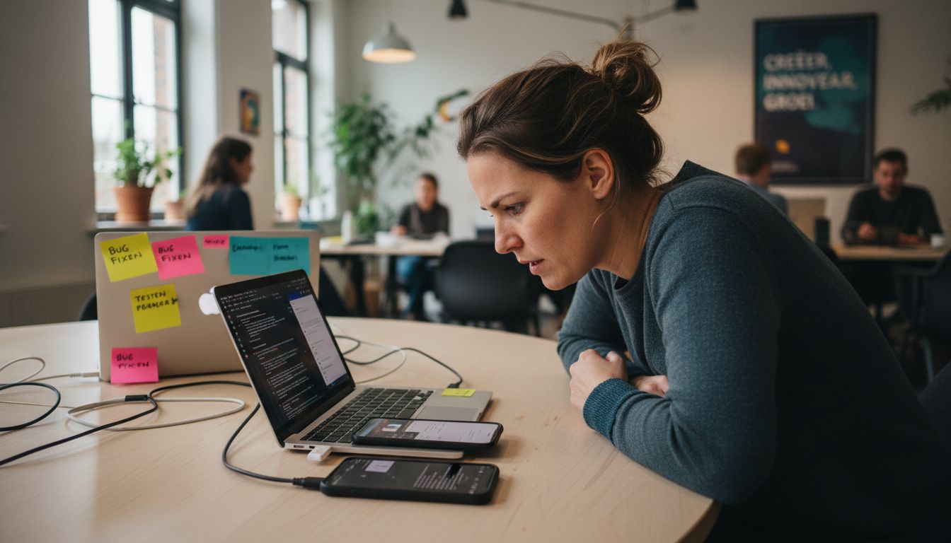 Een ontwikkelaar controleert hoe zijn app werkt op verschillende smartphones.