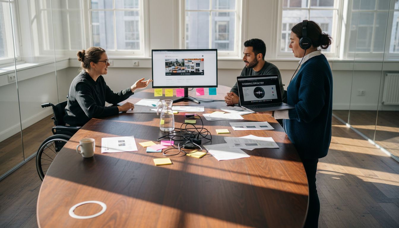 Een team zit samen aan tafel om te overleggen hoe ze hun website toegankelijker kunnen maken.