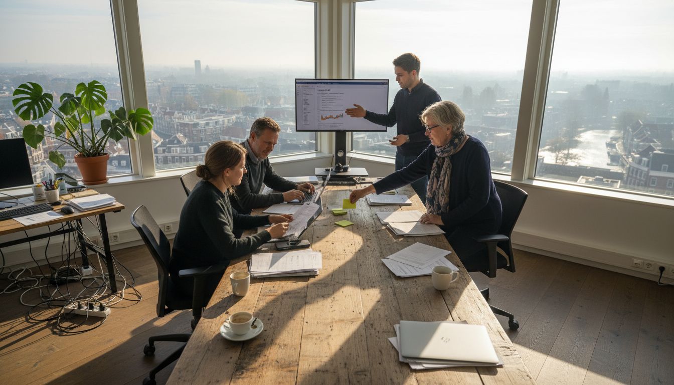 Een team werkt samen in een lichte, zonnige hoek van het kantoor.