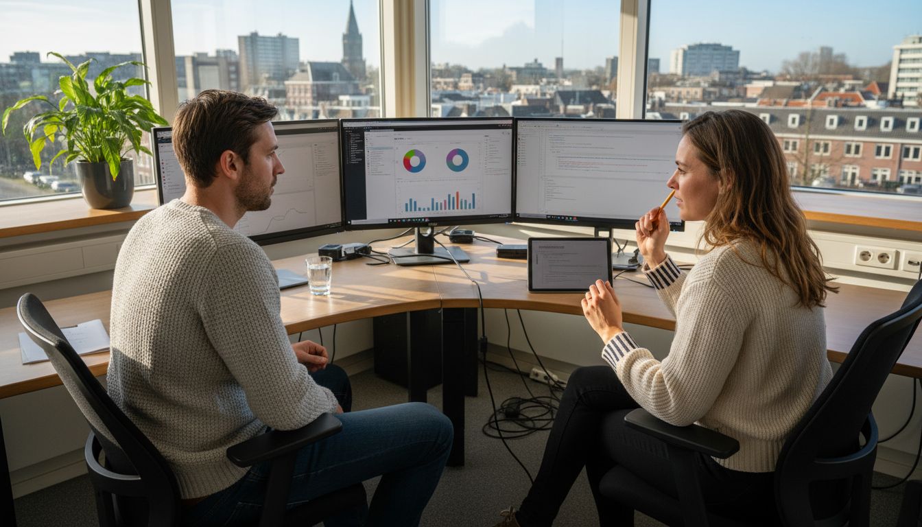 Het supportteam werkt samen aan een online project.