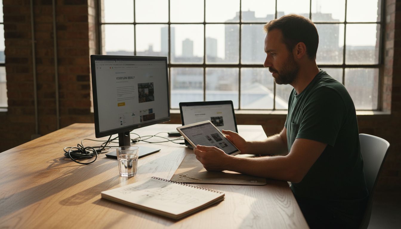 Een webdesigner controleert hoe de website eruitziet op zowel een tablet als een laptop.