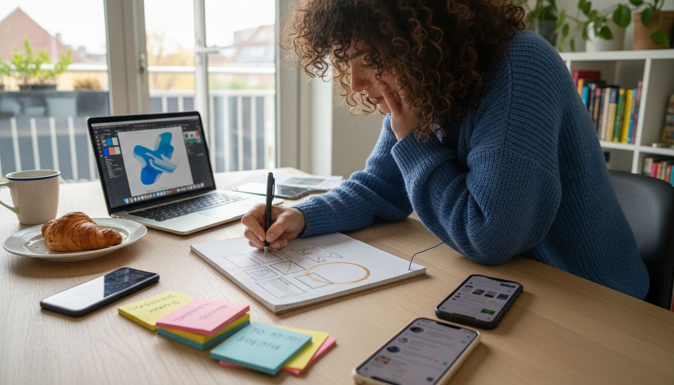 Een designer schetst wireframes op verschillende apparaten om te kijken hoe het ontwerp overal tot zijn recht komt.