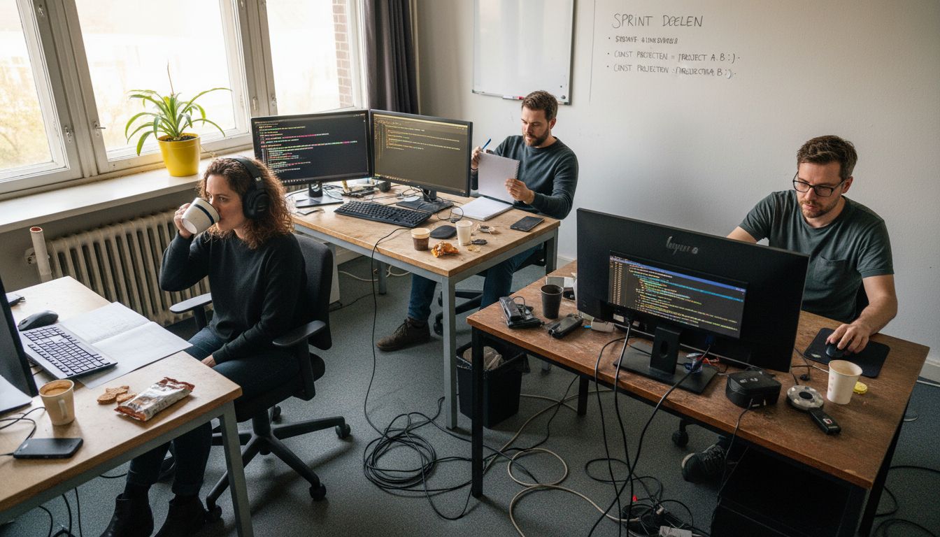 Webontwikkelaars die samen in een open kantoor elkaars code doornemen.