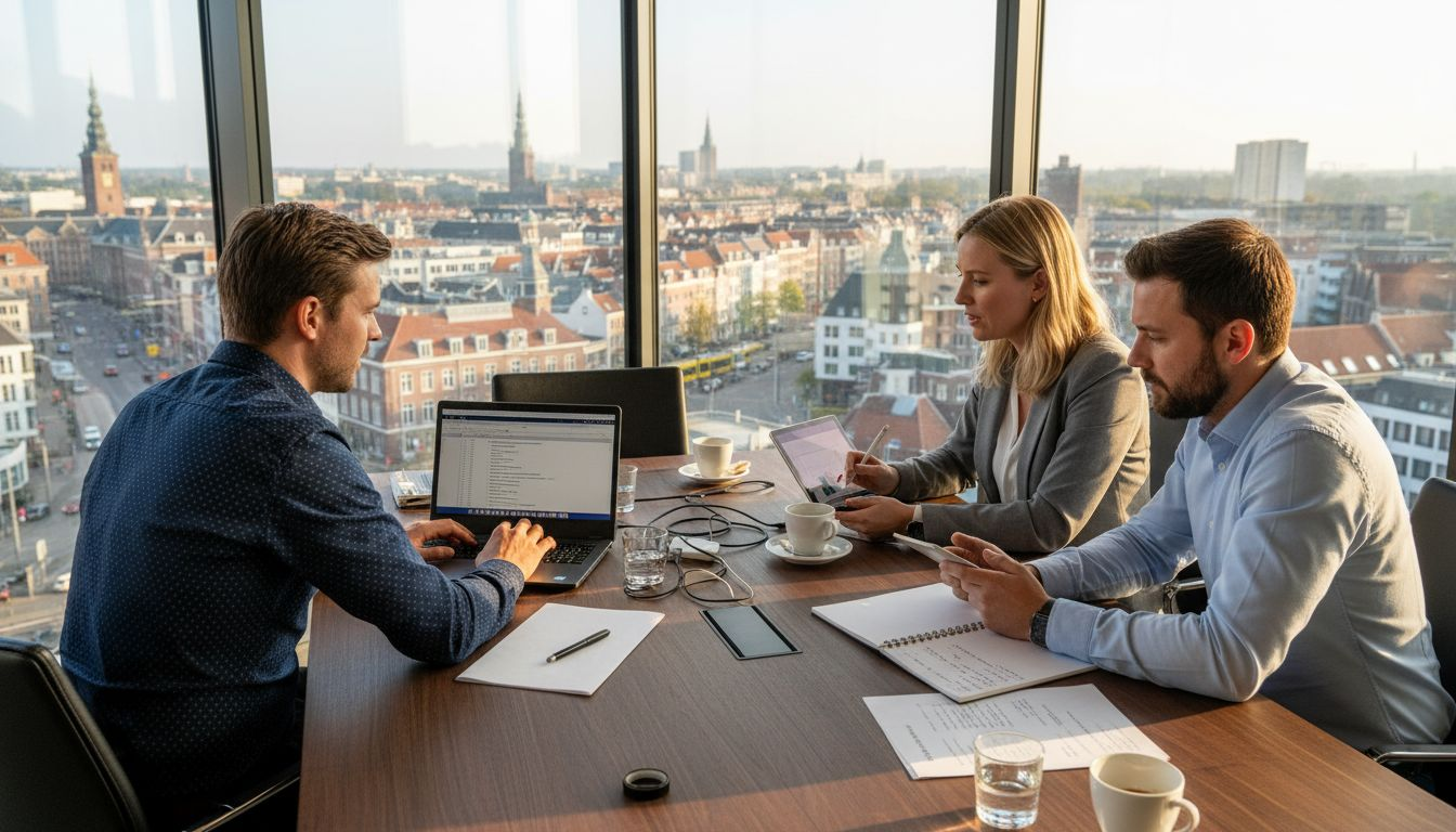 Een team werkt samen aan een project rond digitale vernieuwing.