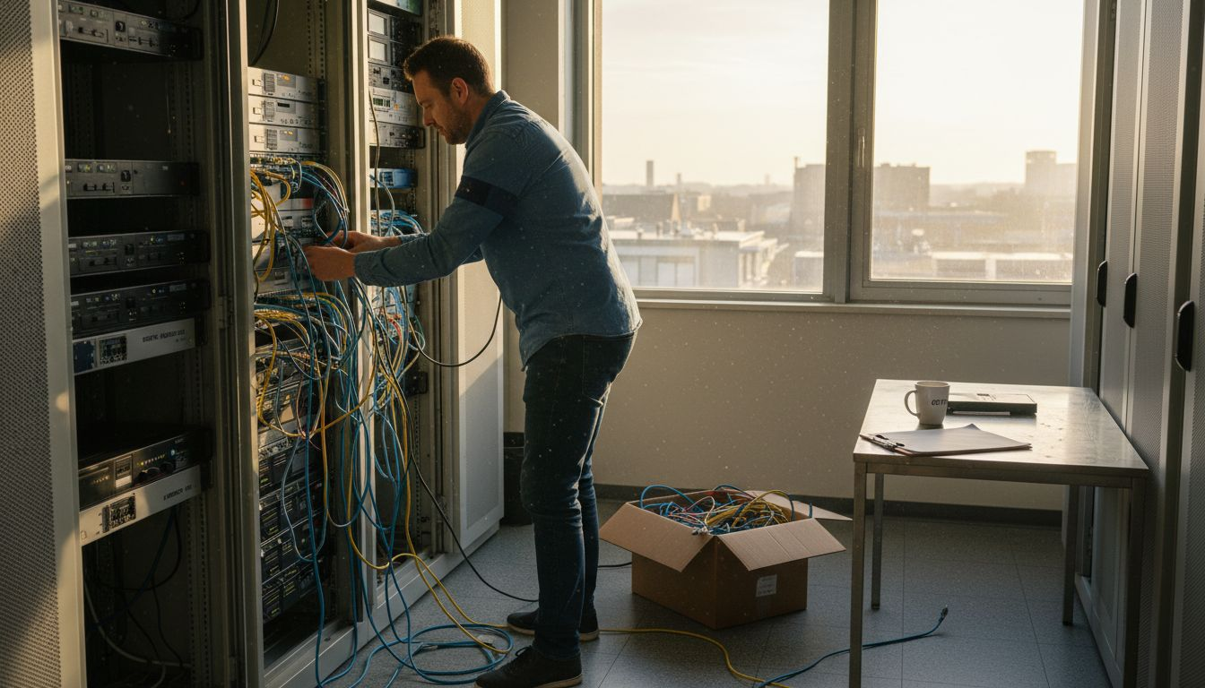 Een IT-manager inspecteert het serverrek op de werkvloer.