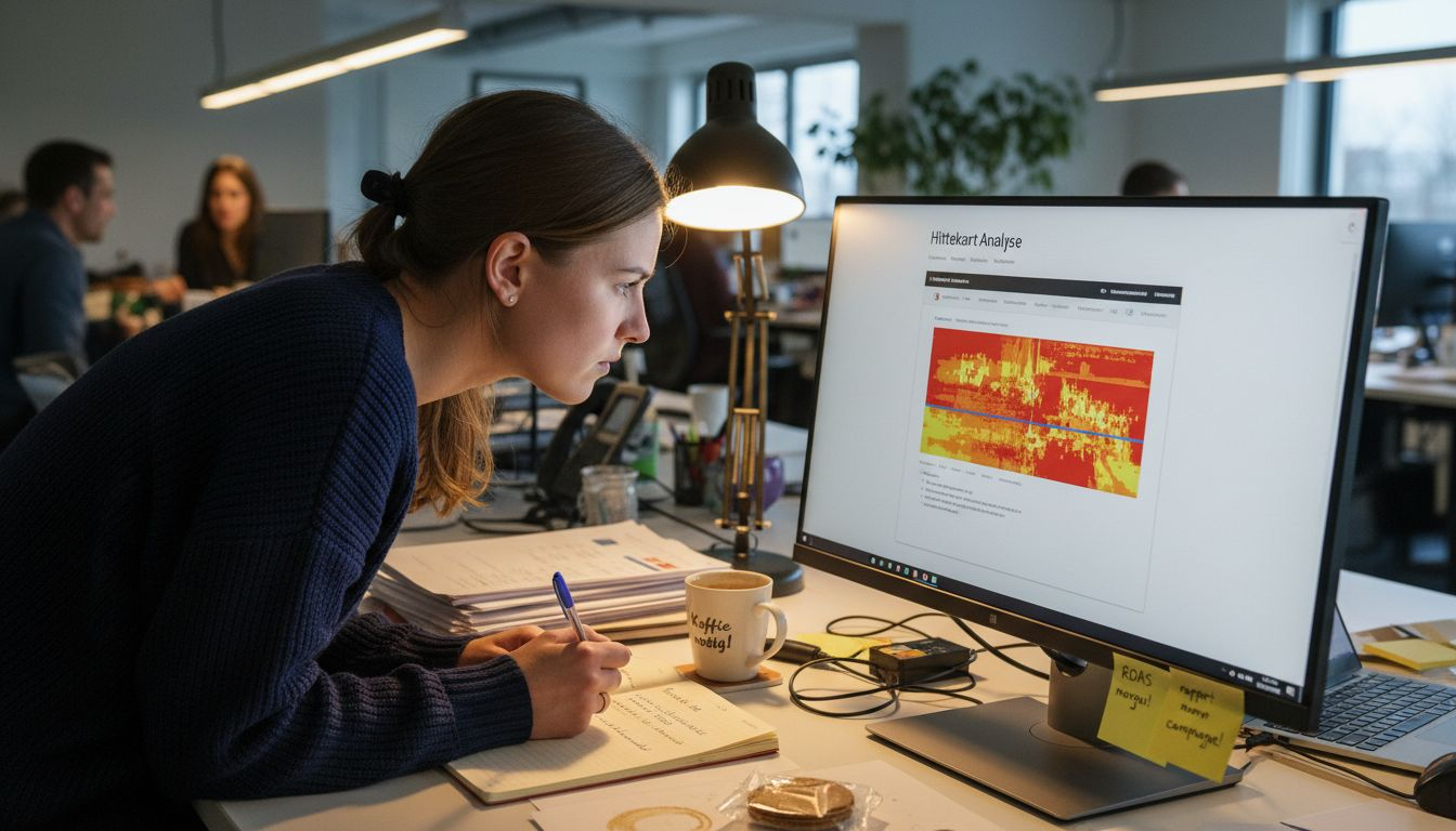 Een marketeer buigt zich over een heatmap te midden van een rommelig bureau.