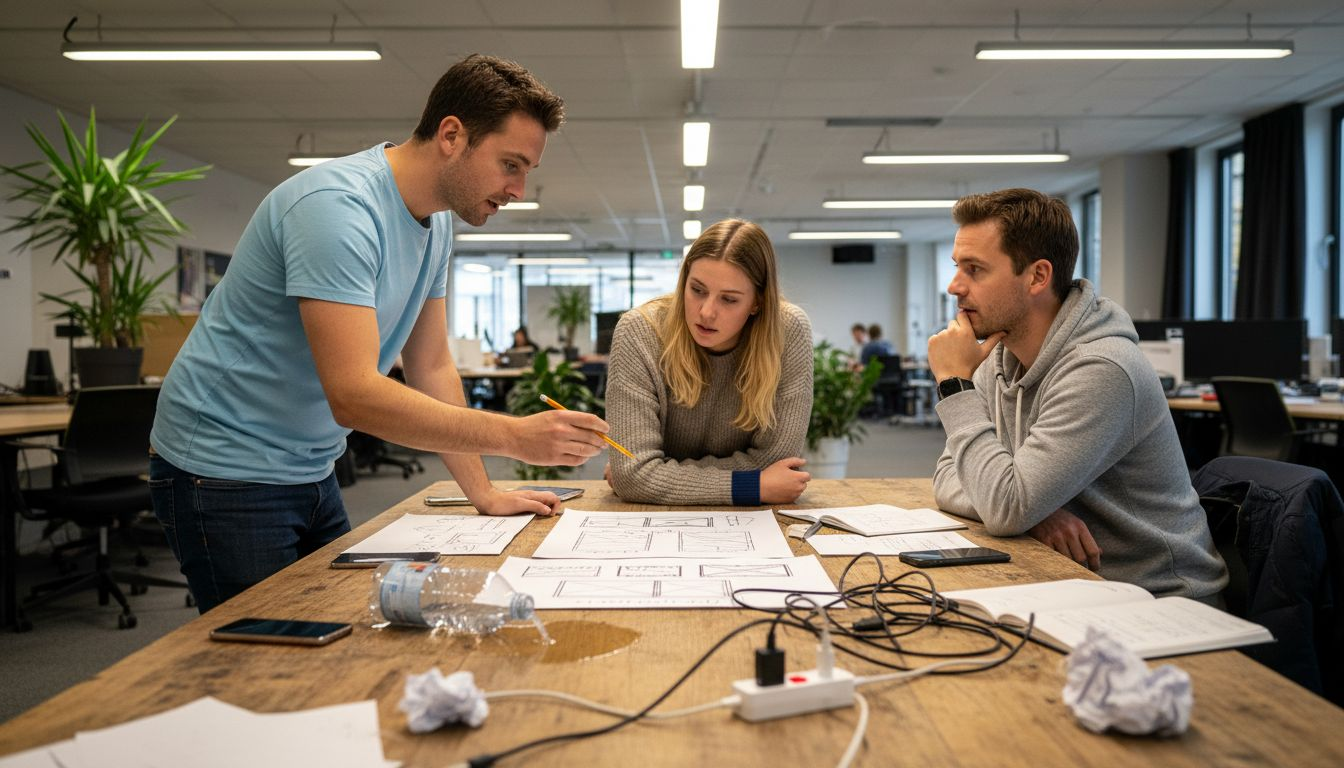 Collega’s overleggen samen over de eerste ontwerpen van de website.