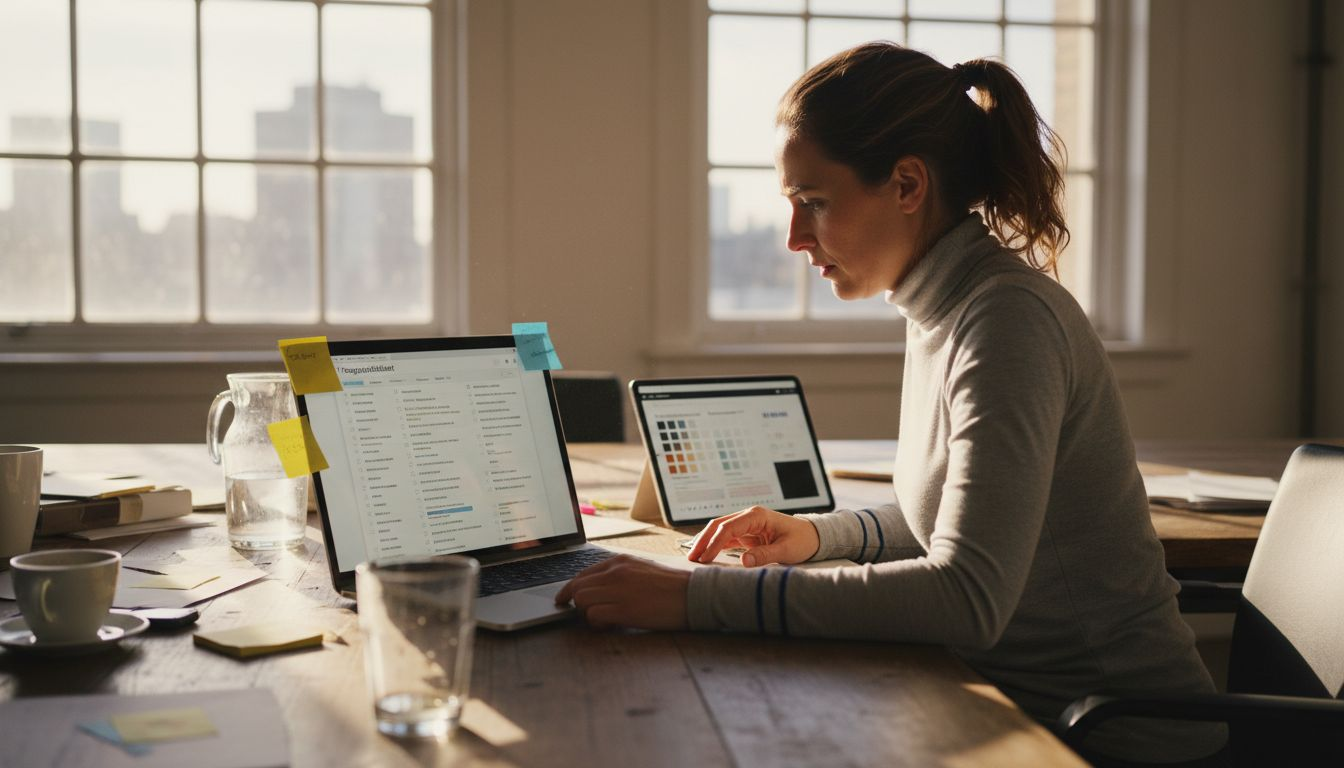 Een vrouw bekijkt op haar werkplek aandachtig een checklist om te controleren of alles voldoet aan de toegankelijkheidseisen.