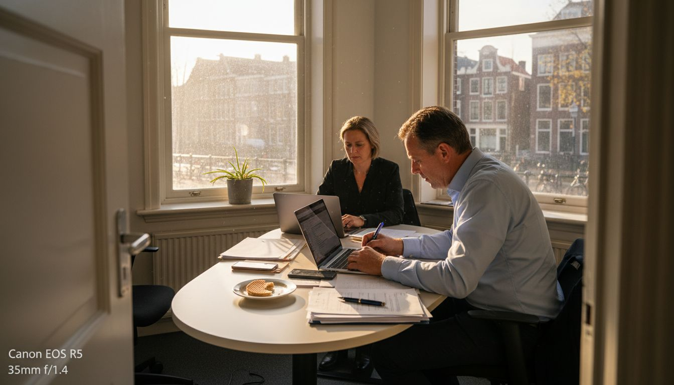 Een klein team zit samen in een kantoorruimte te overleggen.