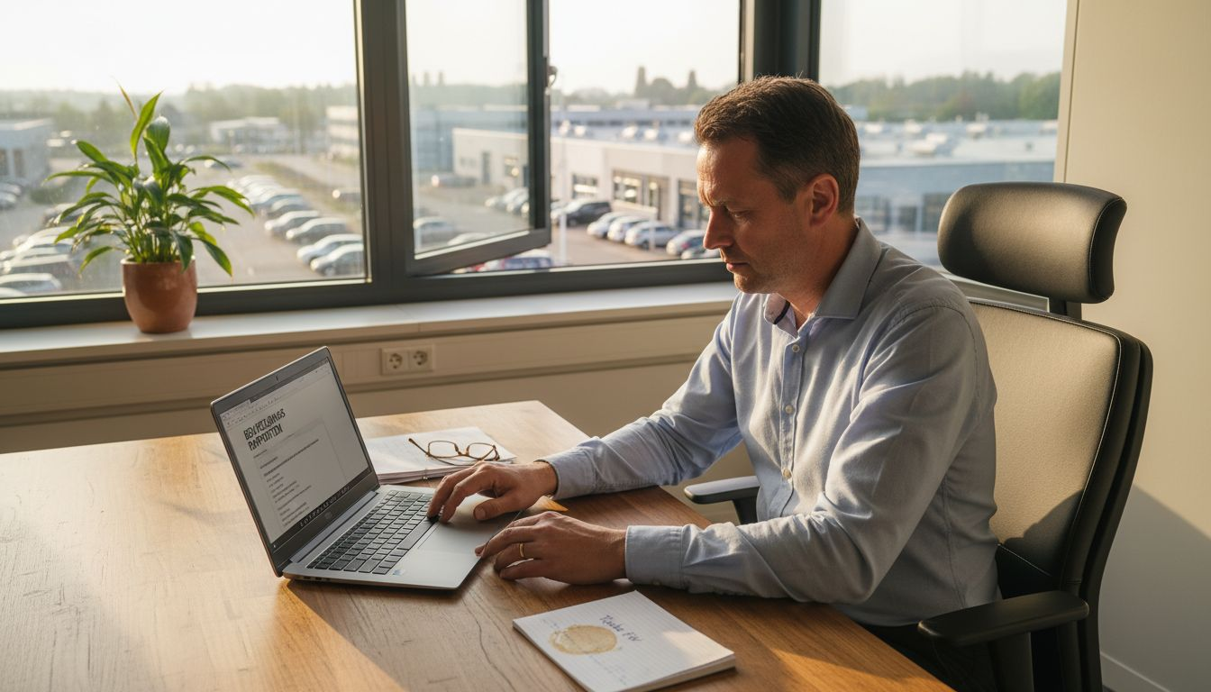 Ondernemer bekijkt beveiligingsrapport op kantoor