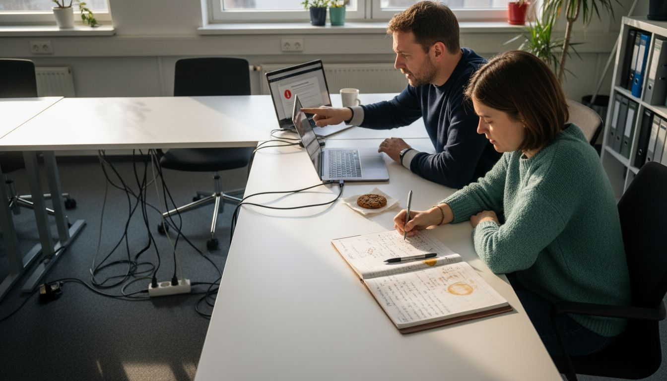 Twee collega's gaan in gesprek over de risico's van een cyberaanval.