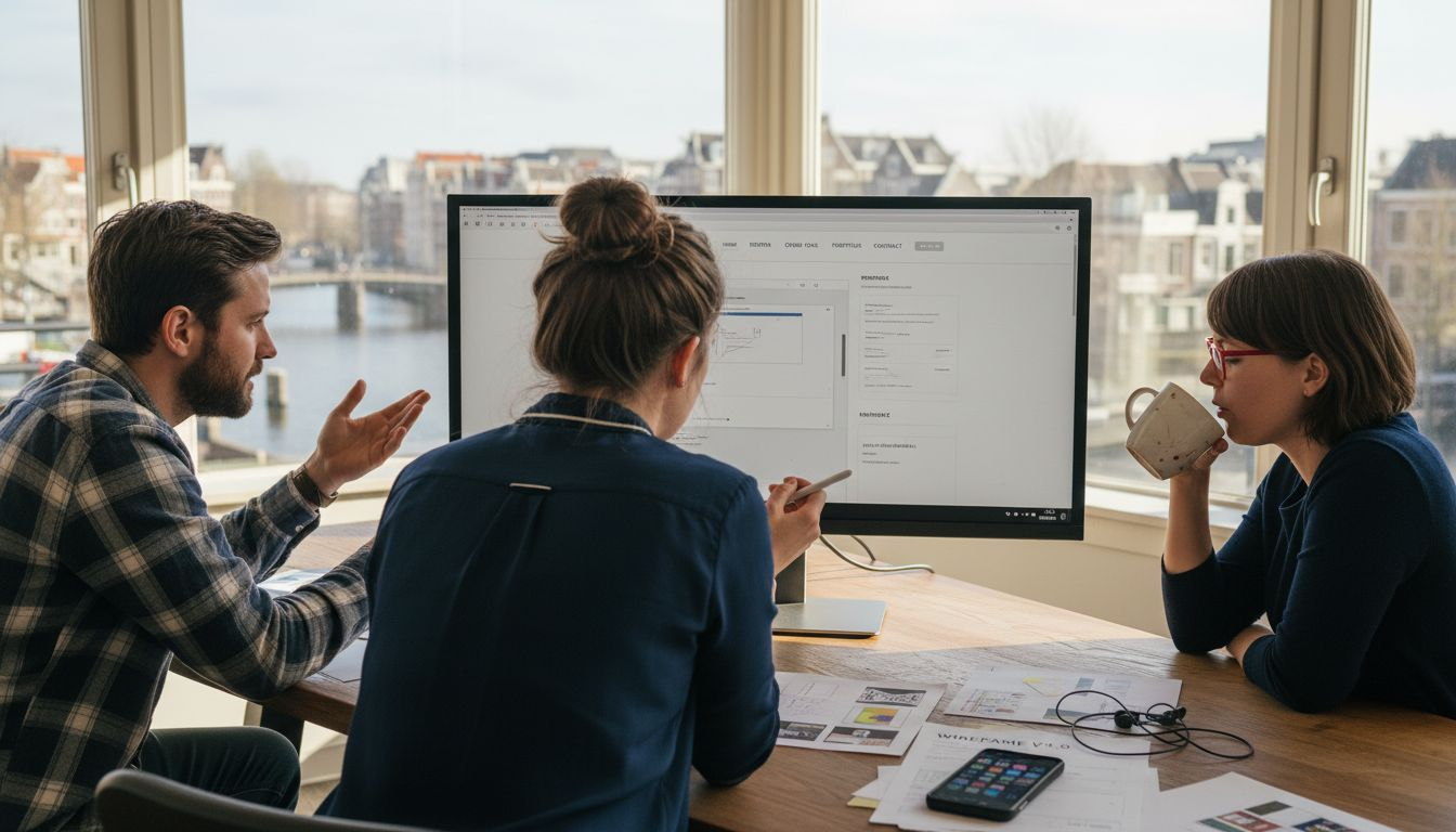 Op kantoor overleggen webdesigners samen over het nieuwe websiteontwerp.