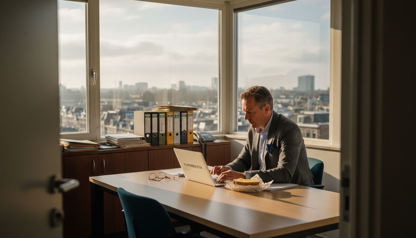 Ondernemer bekijkt het klantenportaal op kantoor