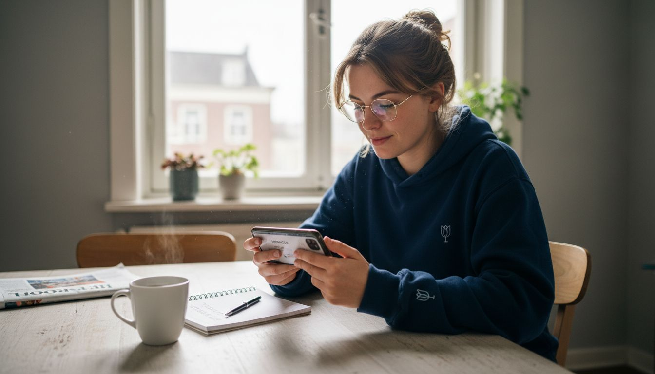 Een vrouw zit aan de keukentafel rustig door een webshop te scrollen op haar telefoon.