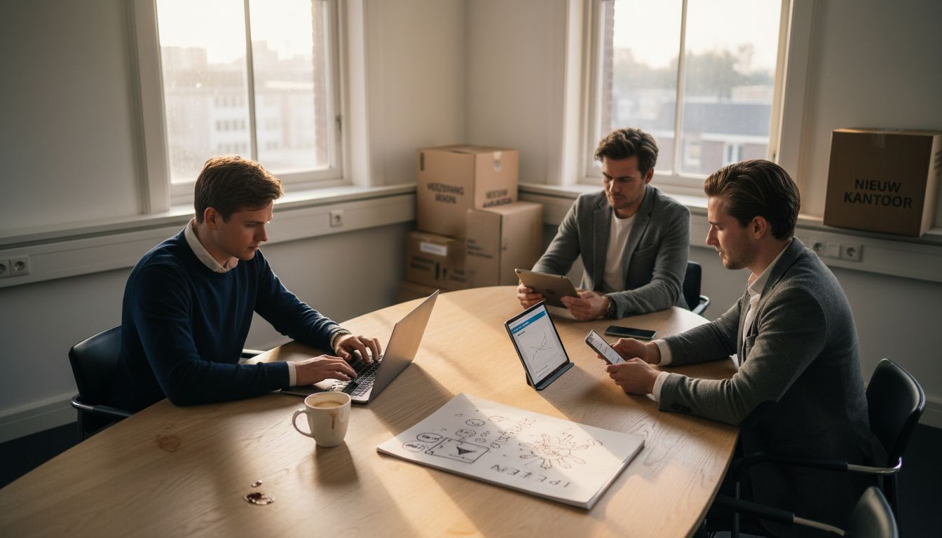 Het e-commerce team werkt samen aan nieuwe ideeën in een drukbezocht kantoor.