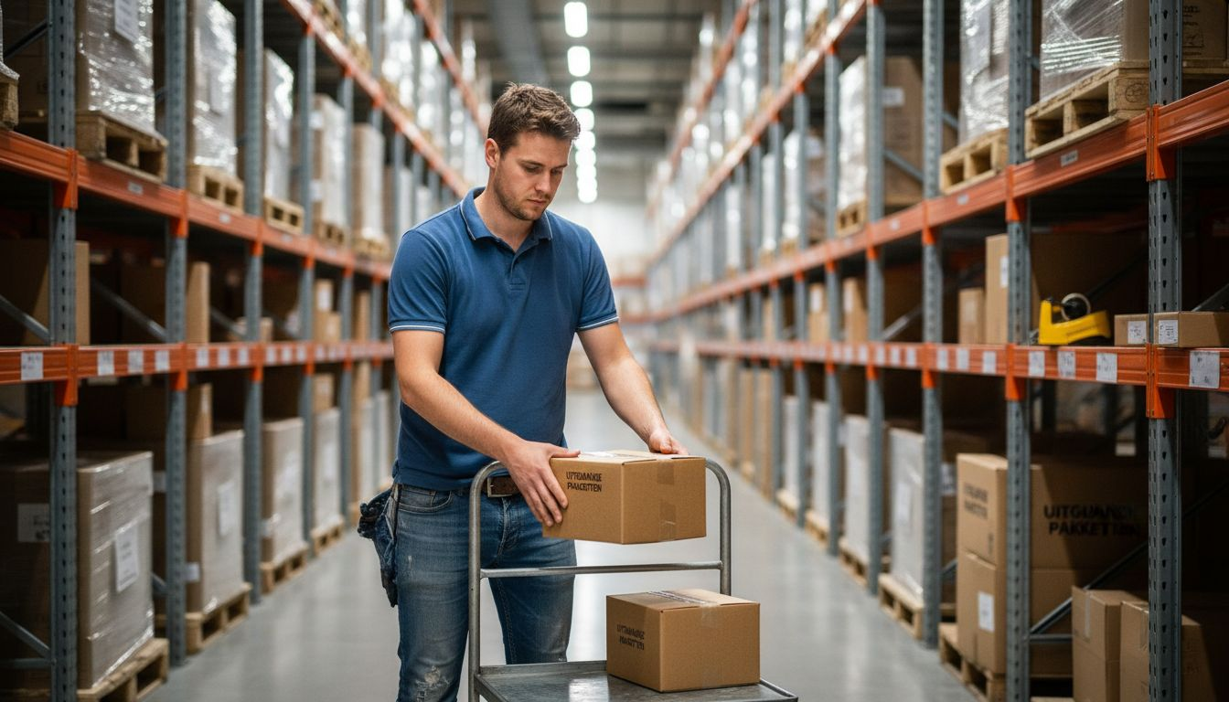 Magazijnmedewerker zet pakketten op een kar