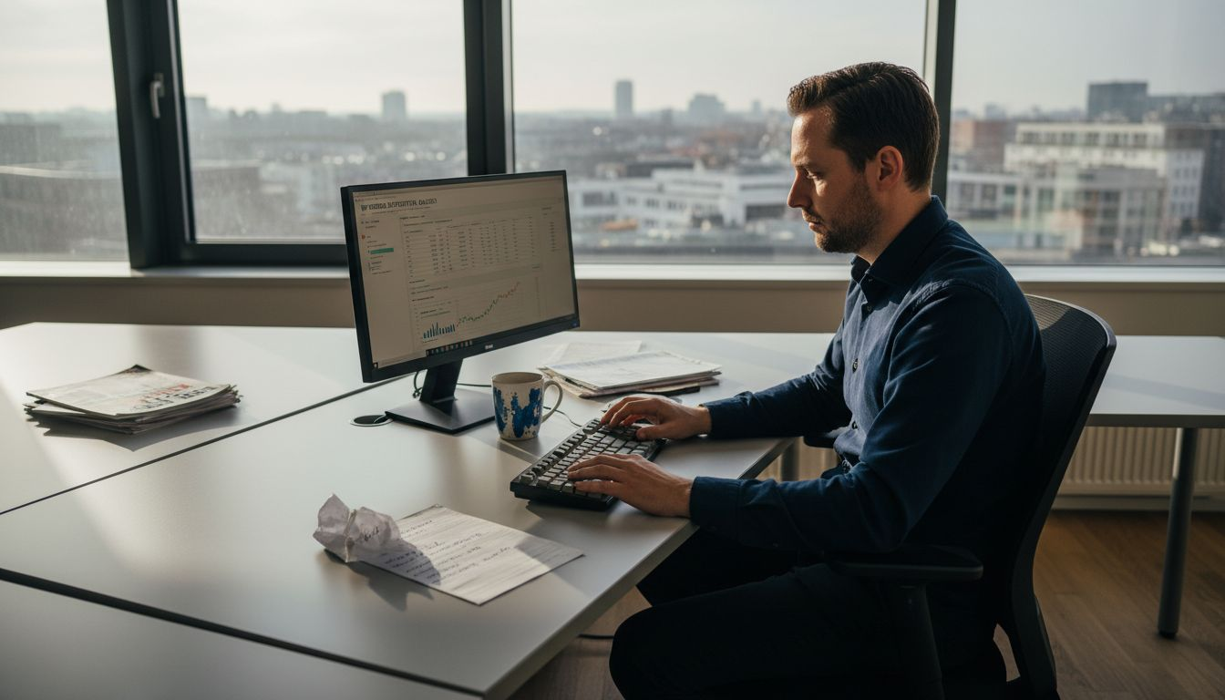 Een SEO-specialist is geconcentreerd aan het werk achter zijn computer op kantoor.