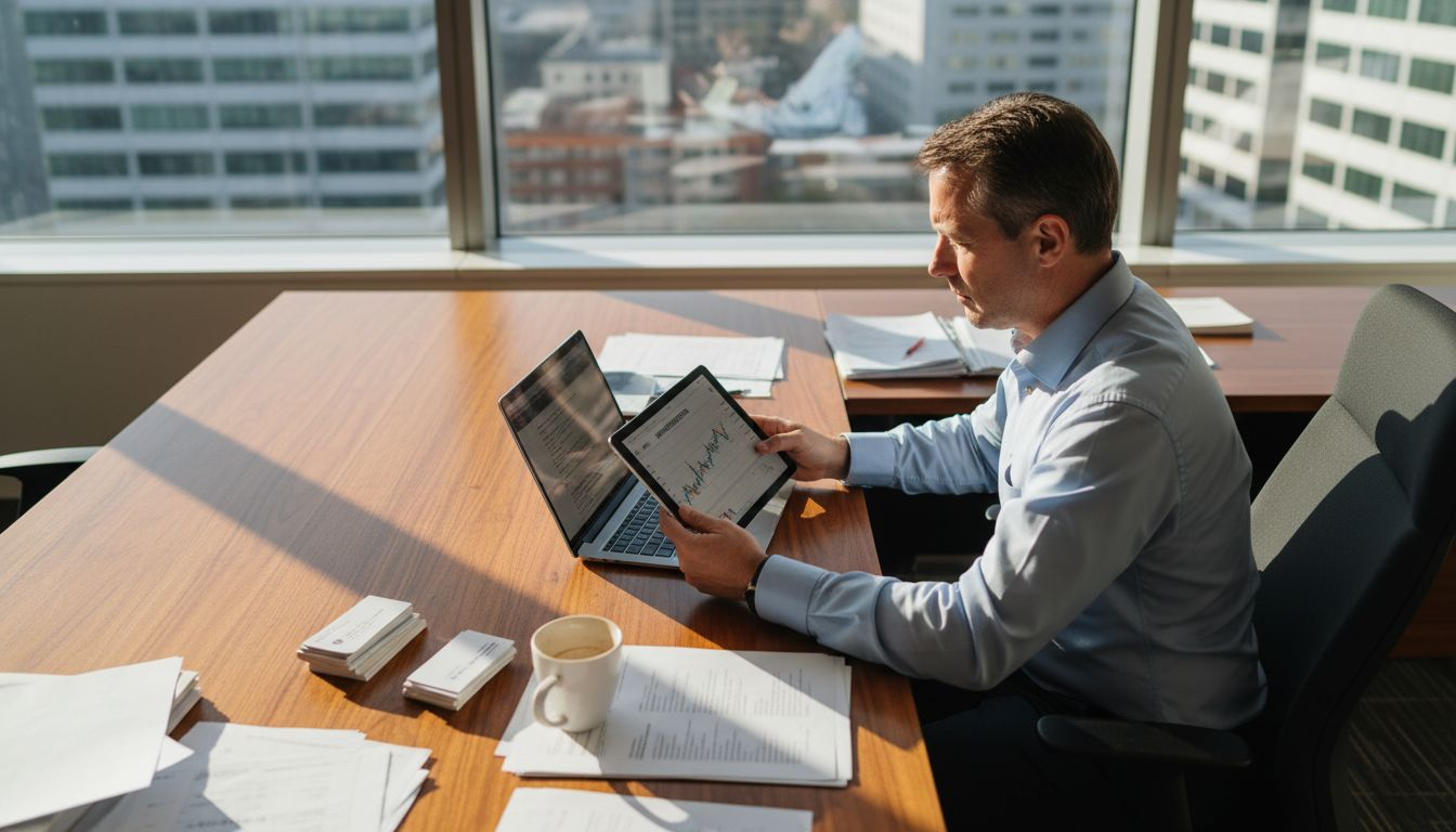 Ondernemer werkt op tablet en laptop in een mkb-kantoor
