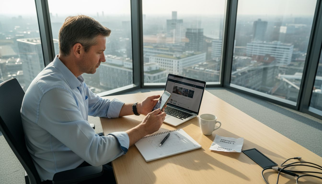 Man probeert mobiele website uit op kantoor