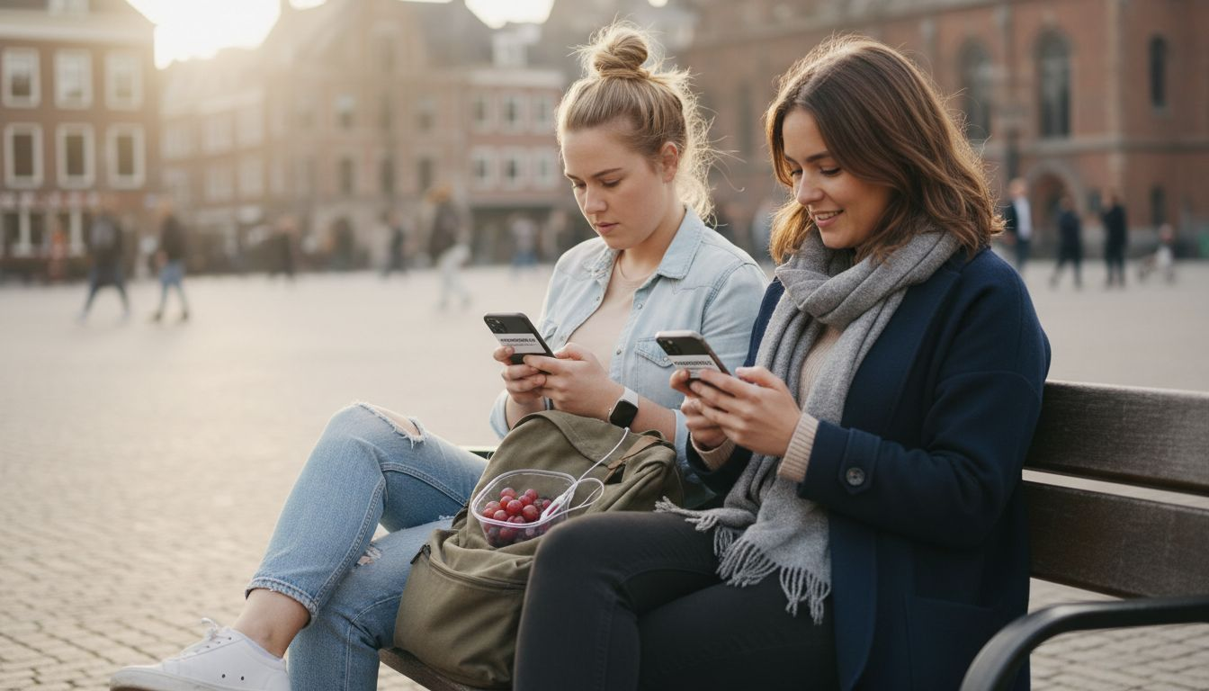 Twee mensen bladeren samen op hun mobiel door de website van een bedrijf.