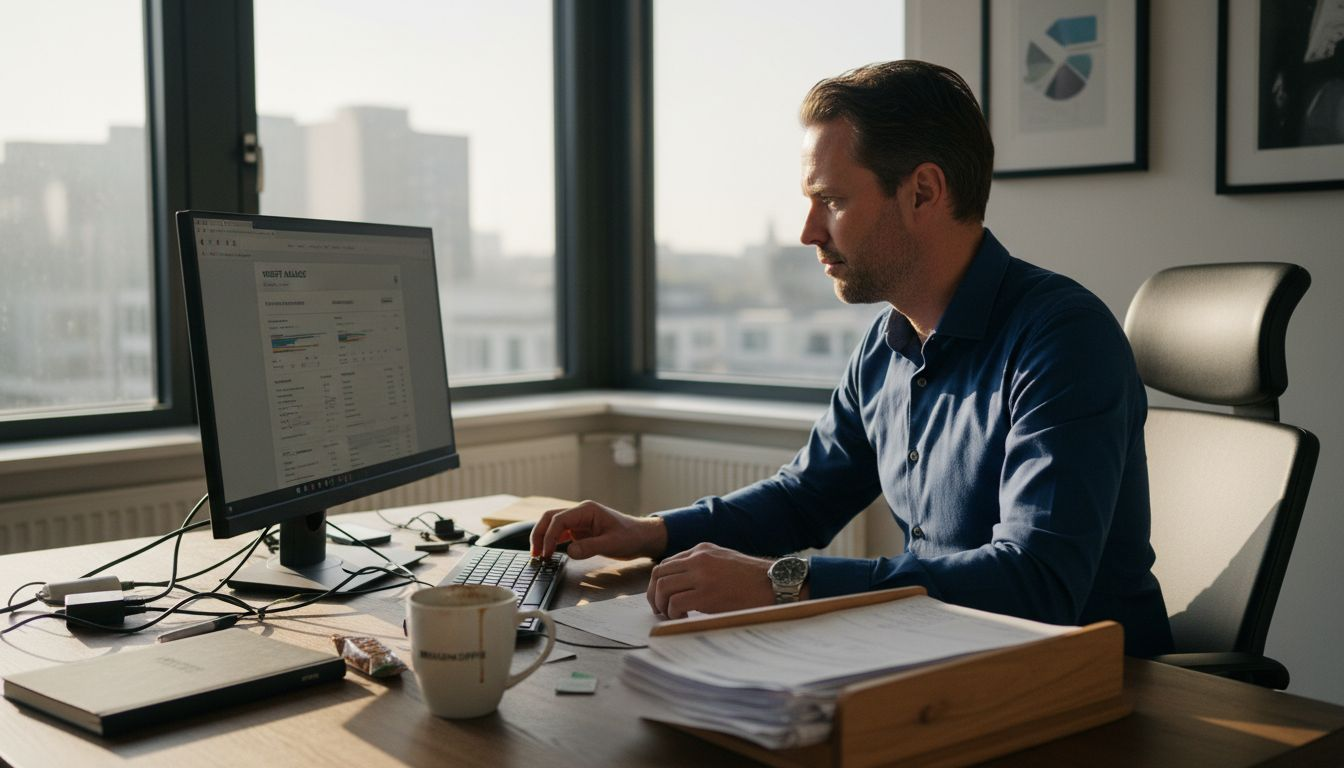 Een ondernemer controleert achter zijn bureau de beveiliging van zijn website.