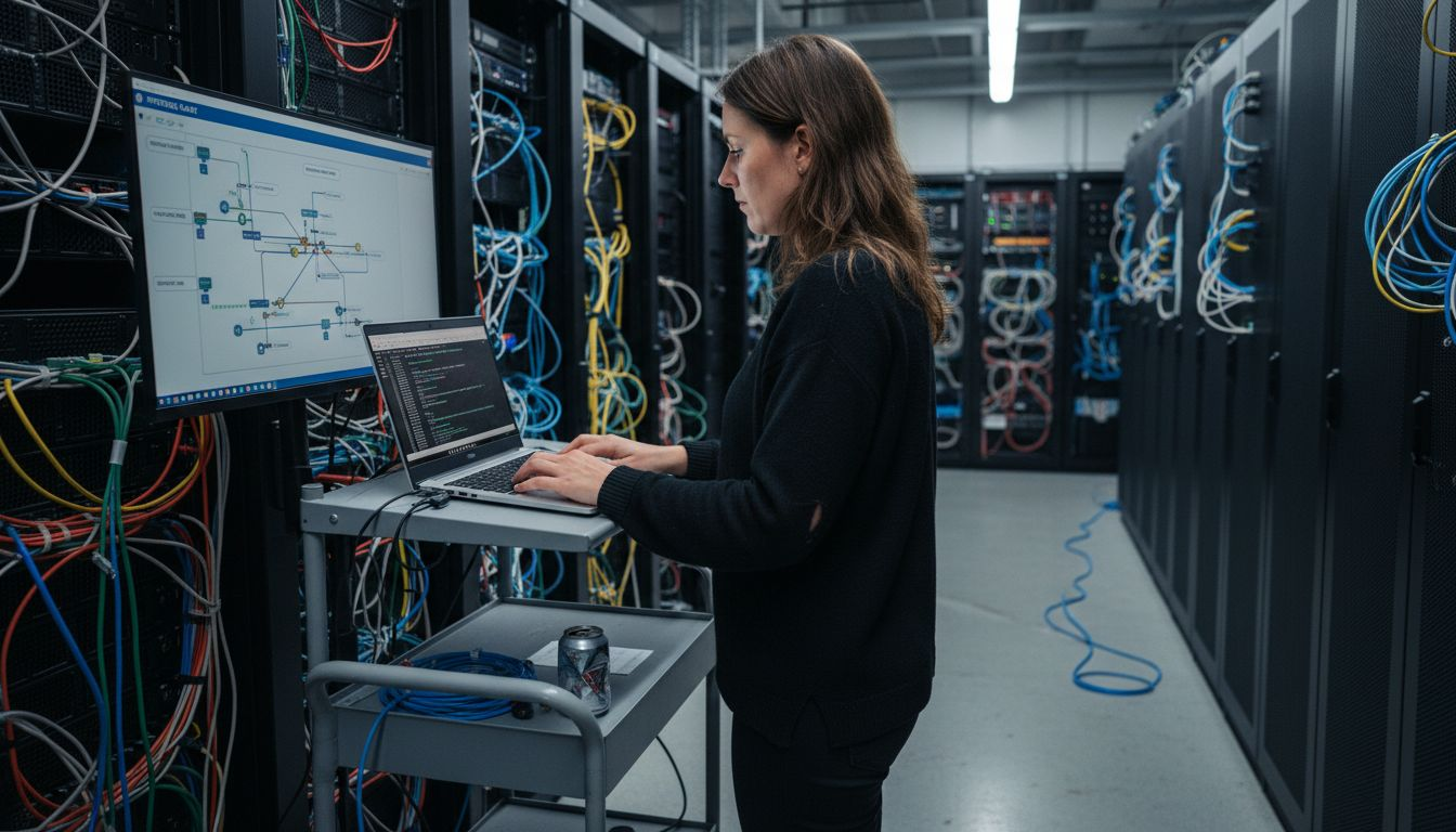 Een IT-beheerder stelt de webbeveiliging in vanaf de serverruimte.