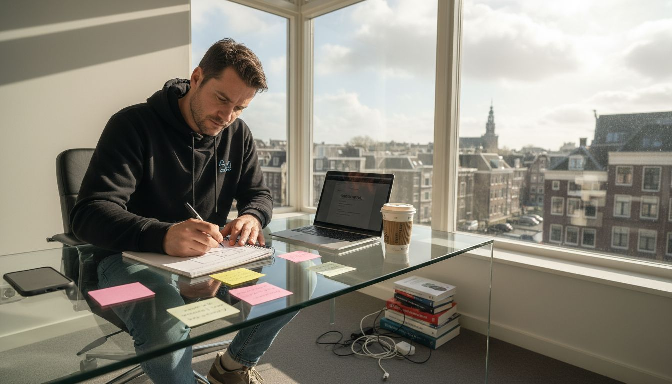 Een ondernemer werkt op kantoor aan het uittekenen van een app-concept.