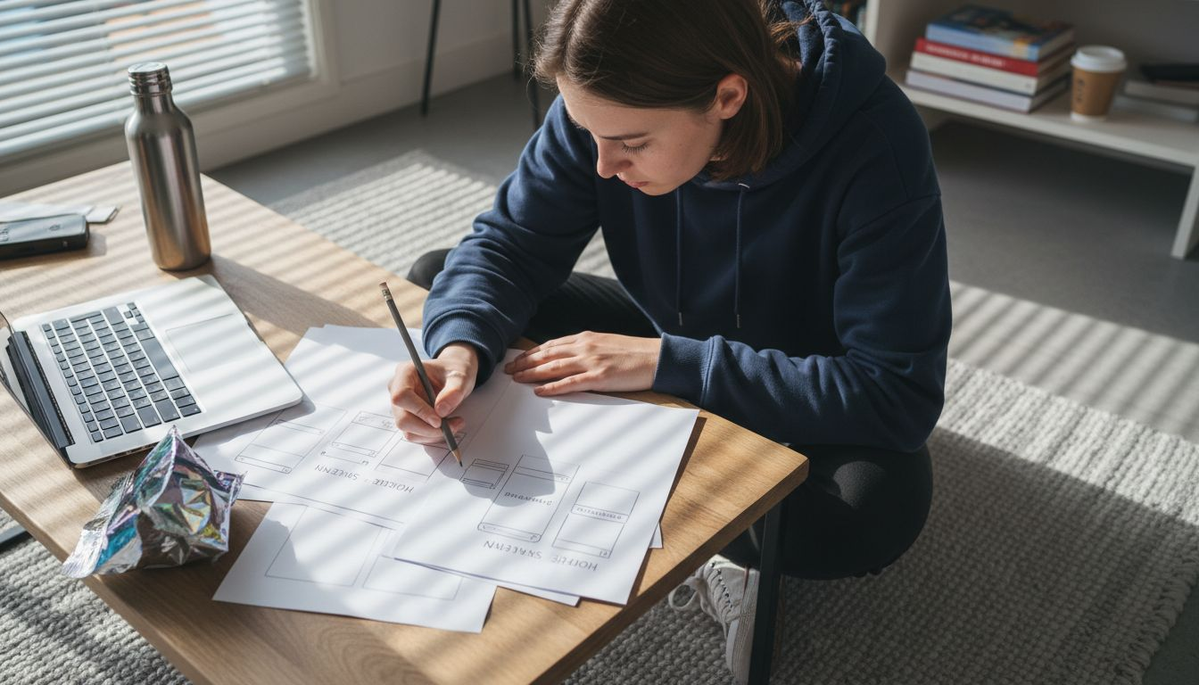 Een vrouw werkt aan wireframes voor een app die ze op tafel uitspreidt.