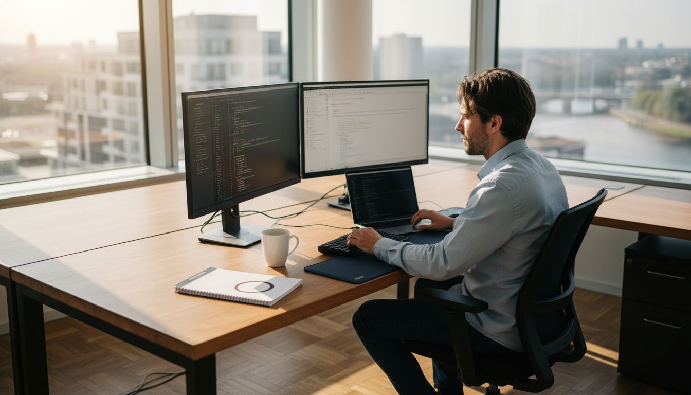 Een softwareontwikkelaar zit achter zijn bureau geconcentreerd te werken aan nieuwe code.