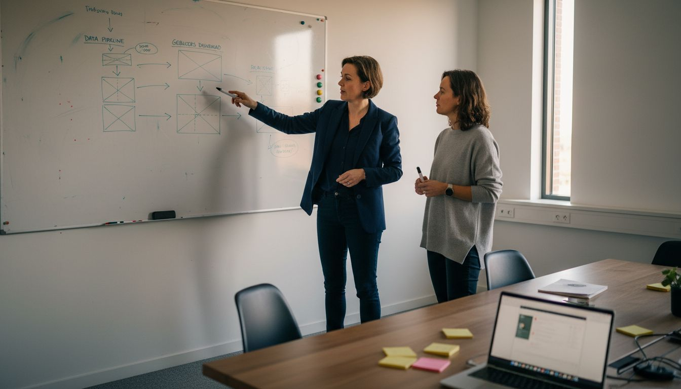 Het team overlegt samen over schaalbare software en zet ideeën op het whiteboard.