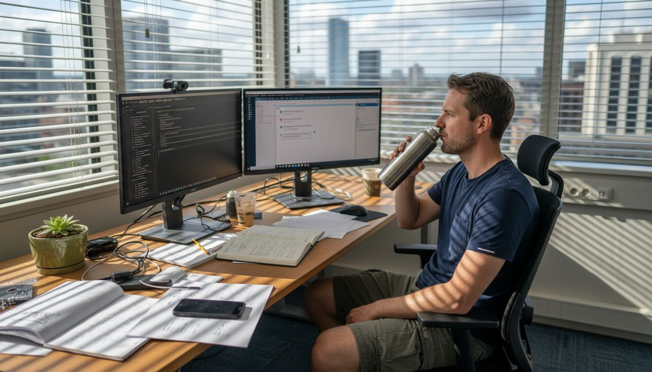 Een developer aan het werk in een duurzaam en eigentijds kantoor.