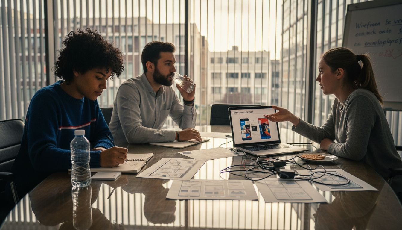 Tijdens de vergadering buigt het team zich over het ontwerp van de mobiele app.