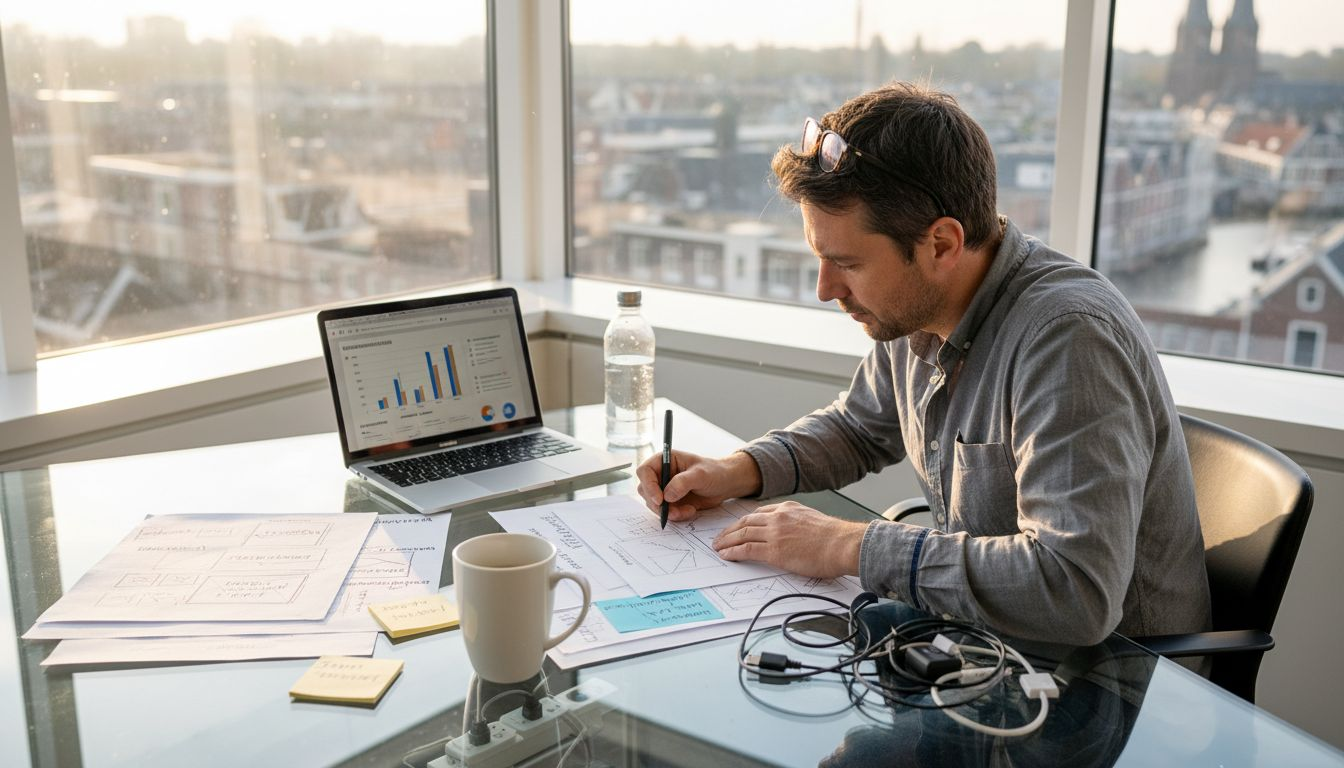 Een UX-designer die met de hand de eerste schetsen maakt voor het ontwerp van een website.