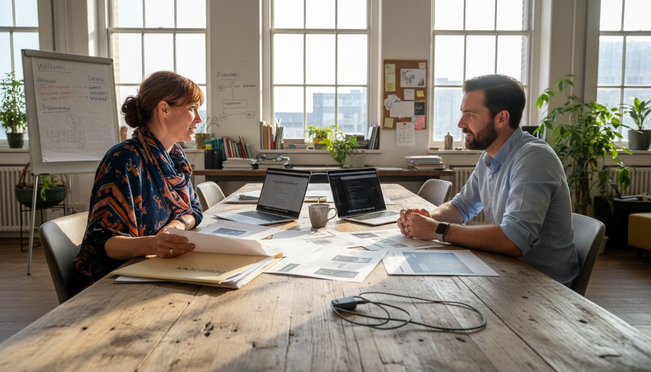 Een webdesigner en een ondernemer zitten samen op kantoor om plannen te bespreken.