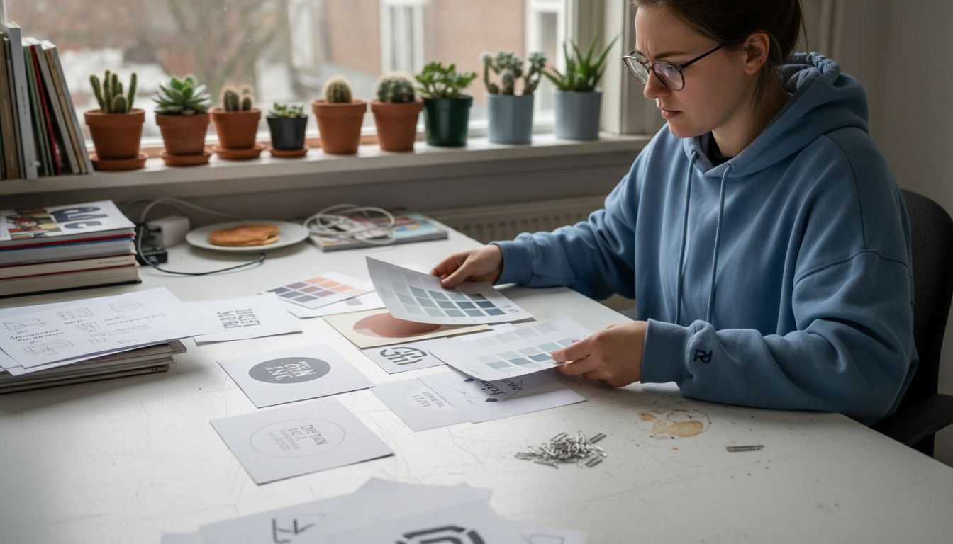 Ontwerper aan de slag met het selecteren van logo’s en kleurenschema’s