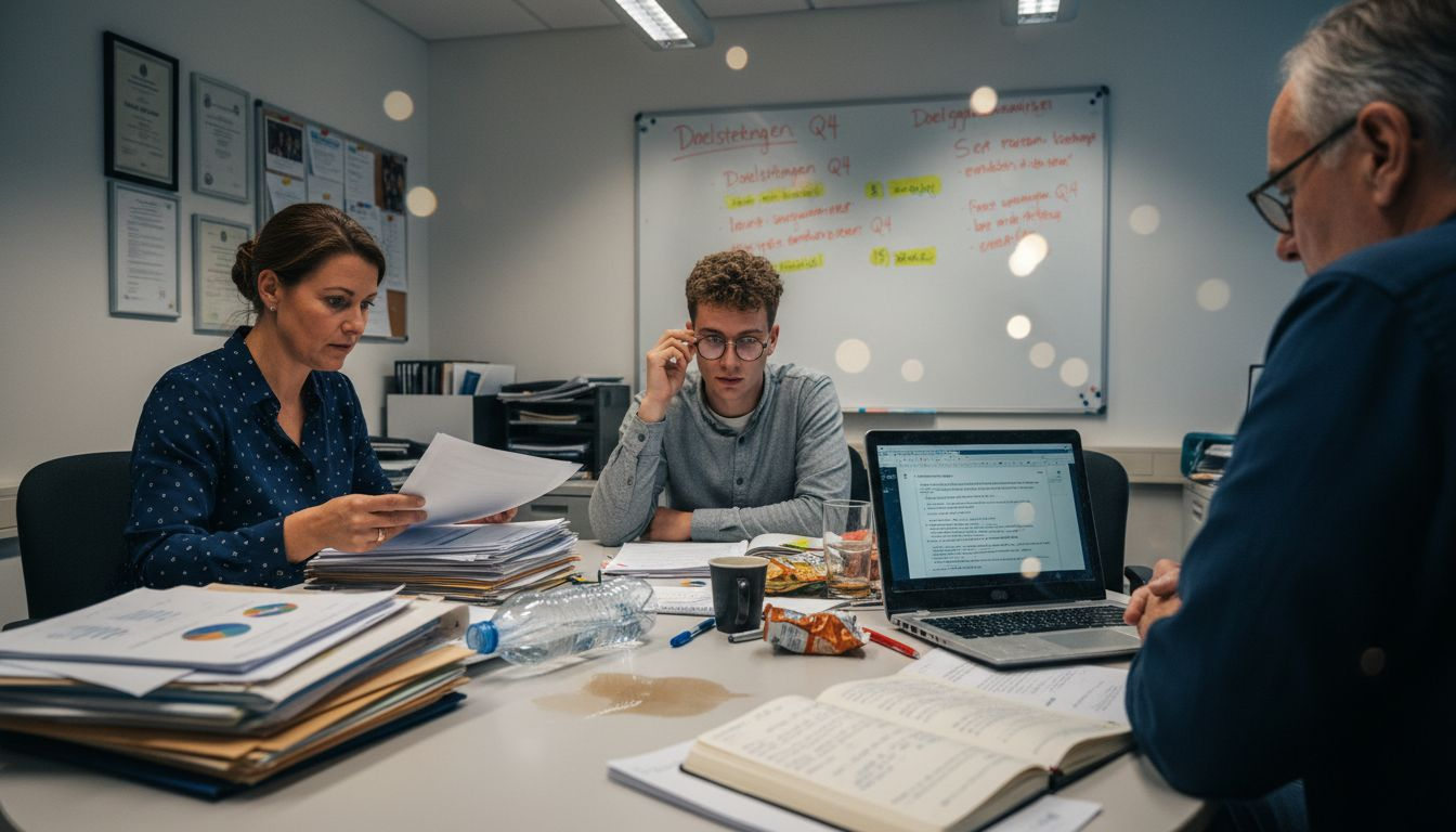 Het team van een mkb-bedrijf buigt zich samen over de digitale koers en bespreekt nieuwe online mogelijkheden.